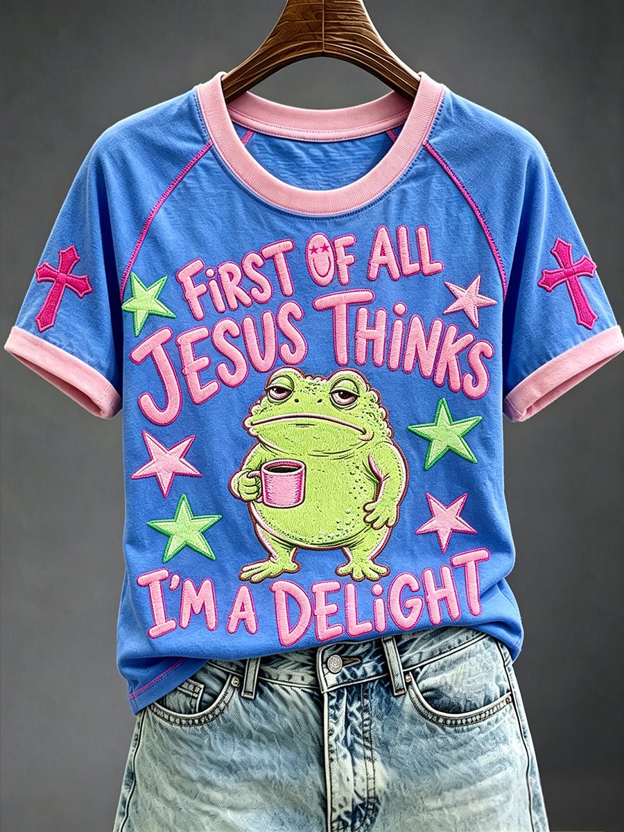 Women's First Of All Jesus Thinks I'm A Delight Funny Christian Frog Printed Casual Tops