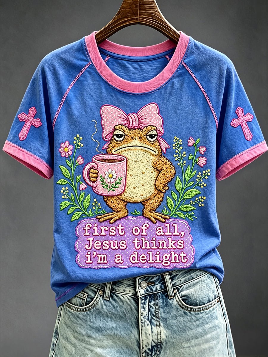 Women's First Of All Jesus Thinks I'm A Delight Funny Christian Frog Printed Casual Tops