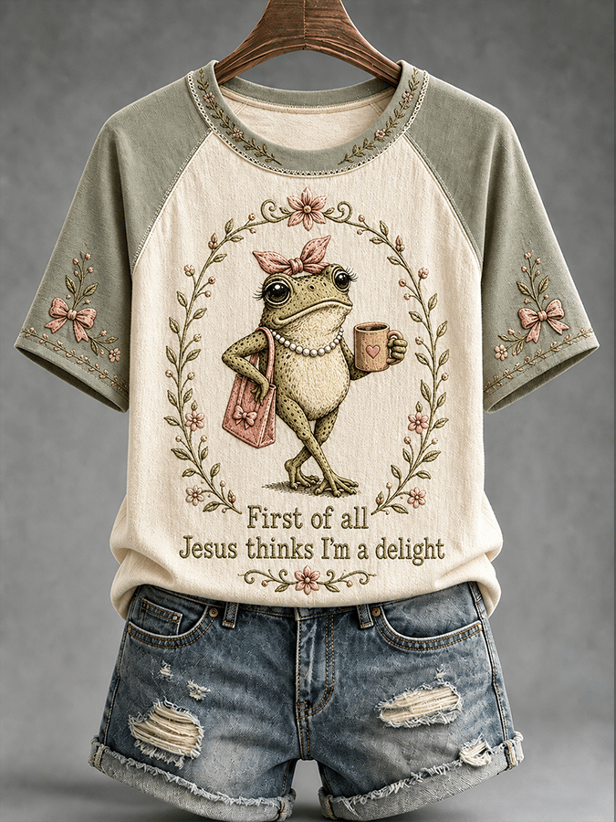 βFirst Of All Jesus Thinks I'm A Delightβ Casual Raglan Short-Sleeved T-Shirt