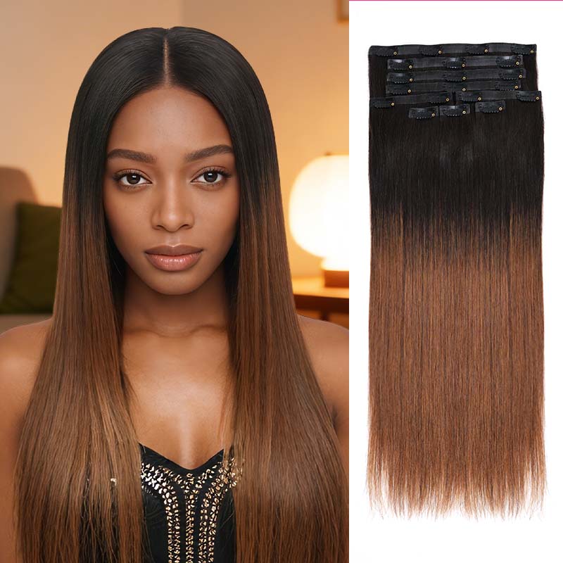 QVR #2/30 Mixed Subtle Ombre Small Kinky Curly PU Clip In Hair Extensions 9PCS 5PCS Volumizer Human Hair