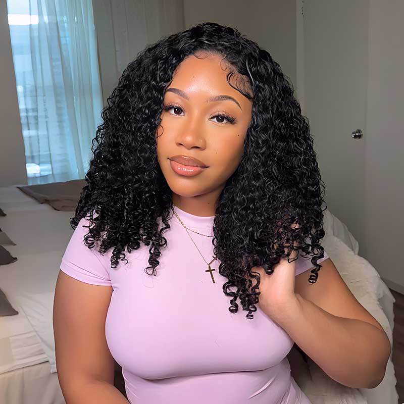 QVR Glueless Water Wave Half Wig 250% Density Human Hair Wig Natural Black Wear Go Flip Over Wig