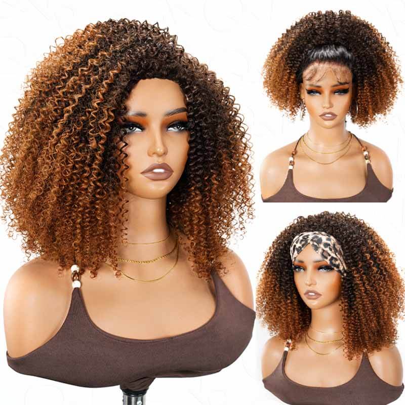 QVR Glueless Ombre Brown Kinky Curly Half Wig 250% Density Human Hair Wig #T2/30 Wear Go Flip Over Wig
