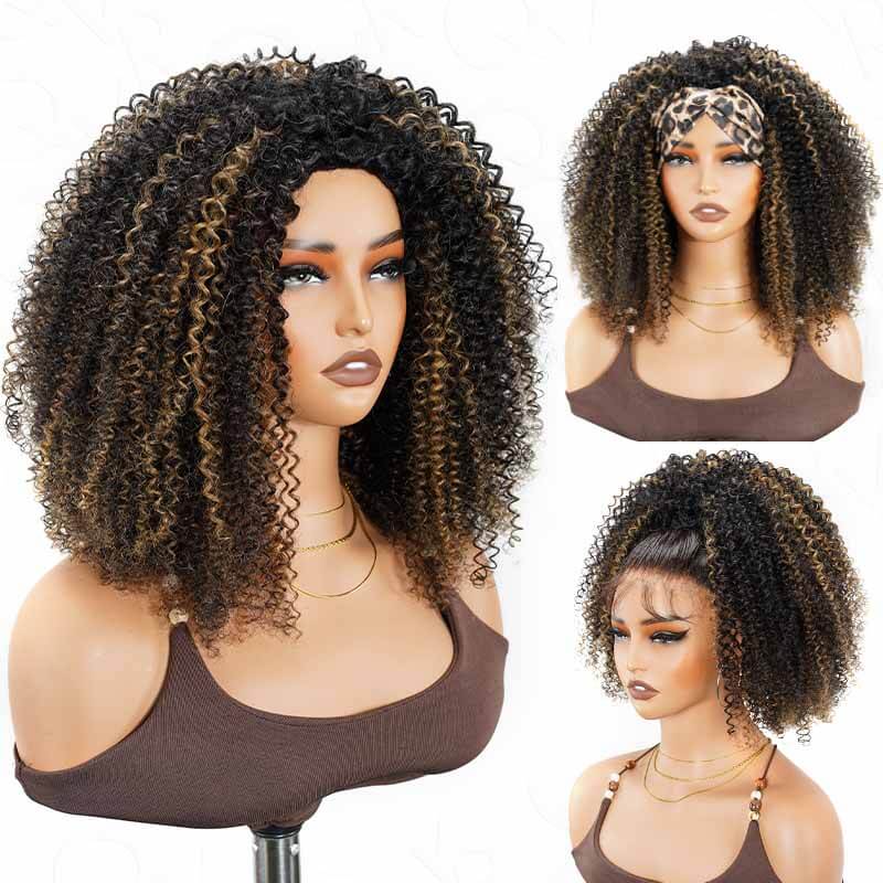 QVR Glueless Ombre Brown Kinky Curly Half Wig with Black Roots 250% Density Human Hair Wig #T1B/30 Wear Go Flip Over Wig