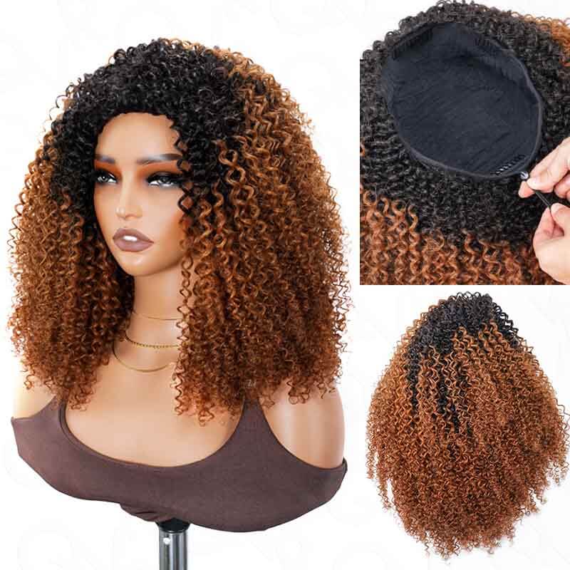 QVR Glueless Dark Brown Kinky Curly Half Wig with Black Roots 250% Density Human Hair Wig #T1B/4 Wear Go Flip Over Wig