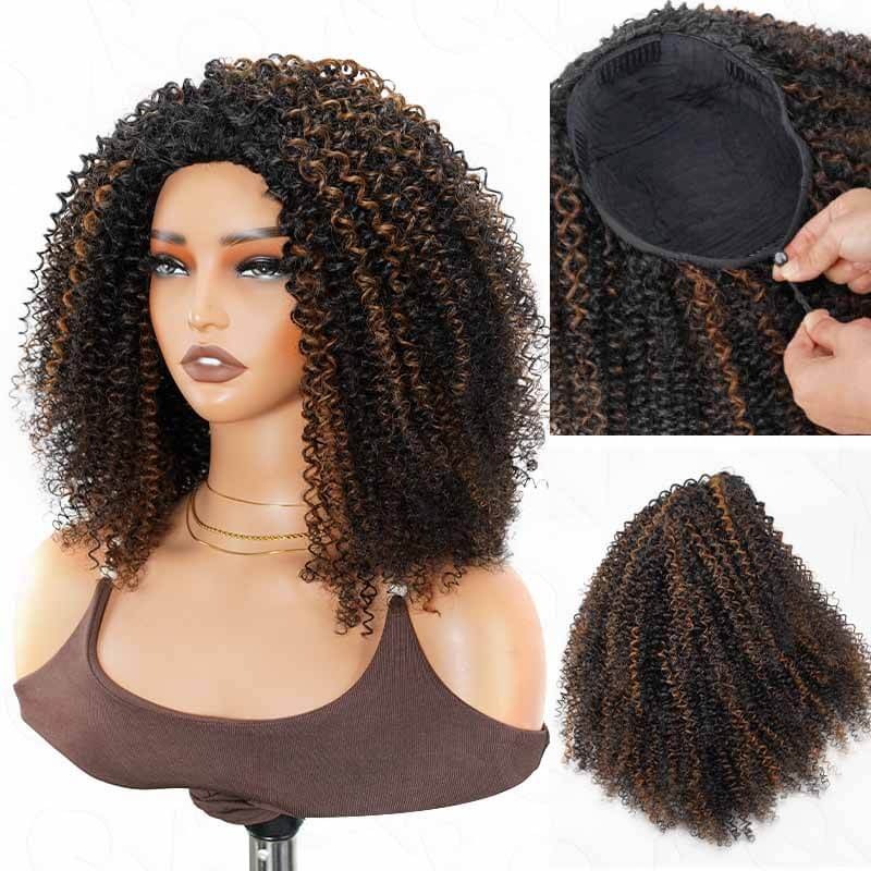 QVR Glueless Highlight Brown Kinky Curly Half Wig 250% Density Human Hair Wig #1B/30 Wear Go Flip Over Wig