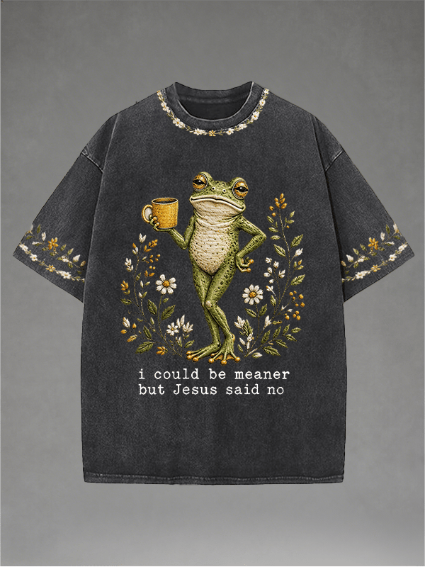 Men's Washed Crew-Neck i could be meaner but Jesus said no Print T-Shirt