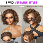 Brown Highlight / Jet Black Short Cut Slicked Back Curly Ear-to-ear Wide T Lace Wig