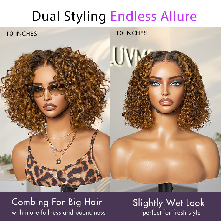 Warm Caramel Brown / Natural Black Deep Curly Glueless 5x5 Closure Pre-Cut Lace Wig
