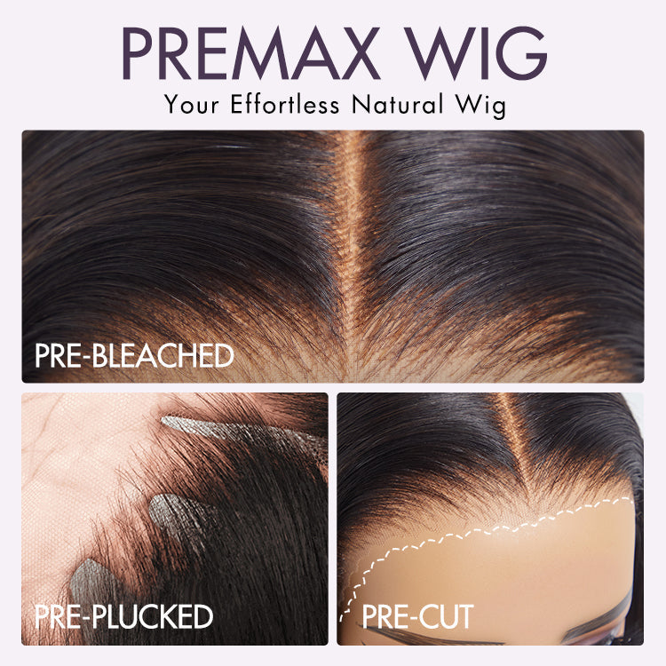 PreMax Wigs - Honey Brown with Blonde Highlights / Natural Black Bouncy Body Wave Glueless 13x4 Frontal Lace Human Hair Wig