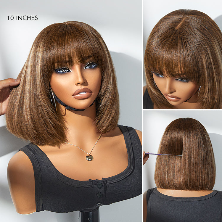 Put On and Go Ash Blonde Highlight / Brown Highlight / Natural Black Layered Cut Yaki Straight Minimalist Lace Bob Wig