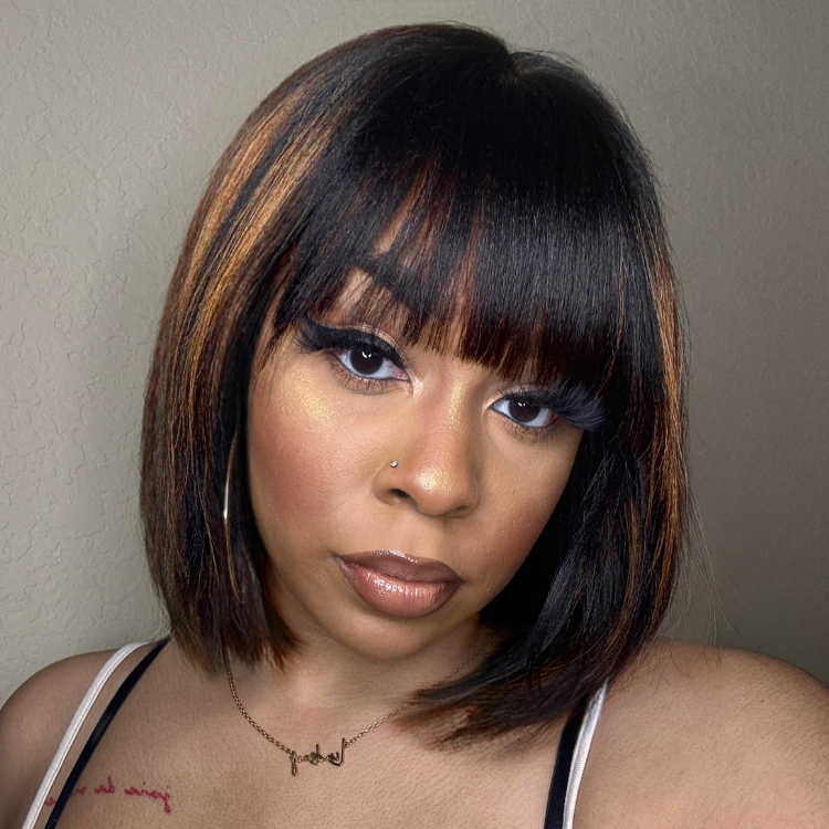 Put On and Go Ash Blonde Highlight / Brown Highlight / Natural Black Layered Cut Yaki Straight Minimalist Lace Bob Wig