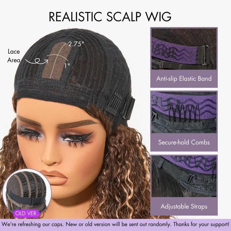Beginner Friendly Ash Blonde Highlights Water Wave True Scalp Minimalist Lace Glueless Curly Wig with Bangs
