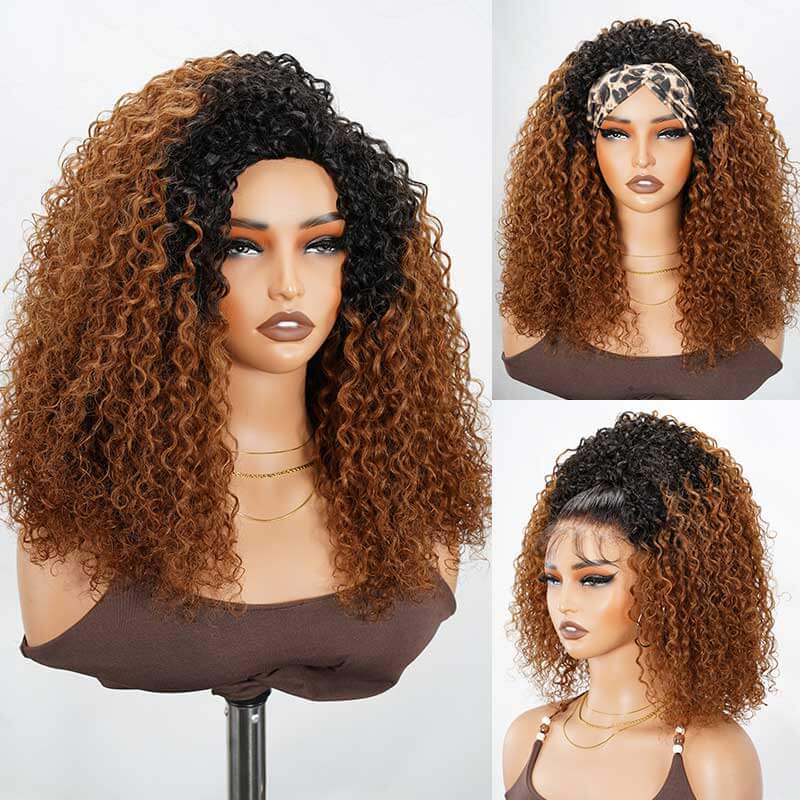 QVR Glueless Highlight Brown #1B/30 Twist Curly Half Wig 250% Density Human Hair Wig Wear Go Flip Over Wig