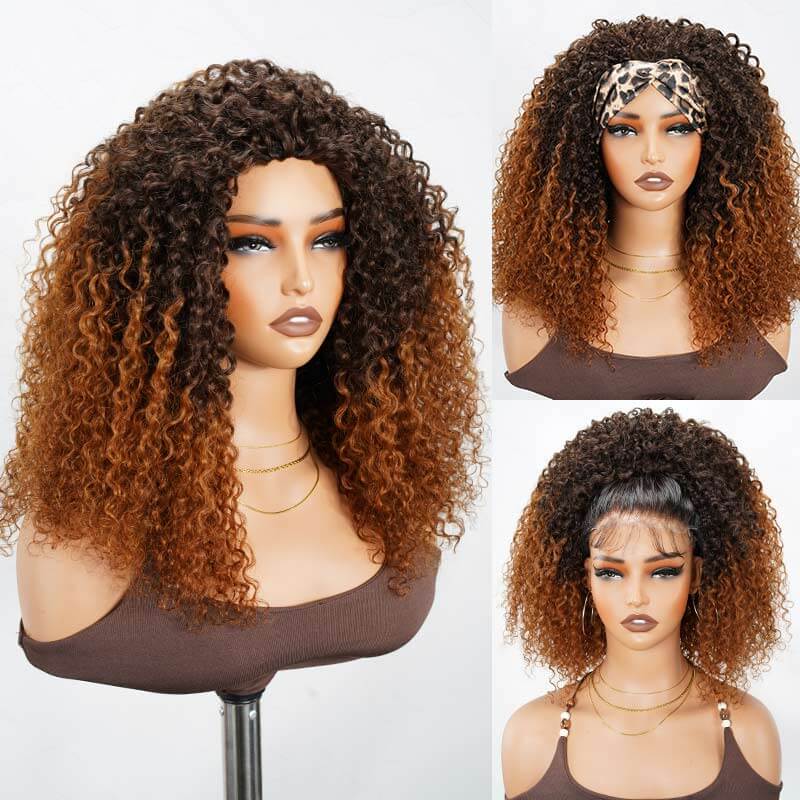 QVR Glueless Ombre Brown Twist Curly Half Wig with Black Roots 250% Density Human Hair Wig #T1B/30 Wear Go Flip Over Wig