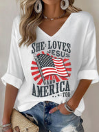 V-Neck She loves JESUS and AMERICA Printed T-Shirt