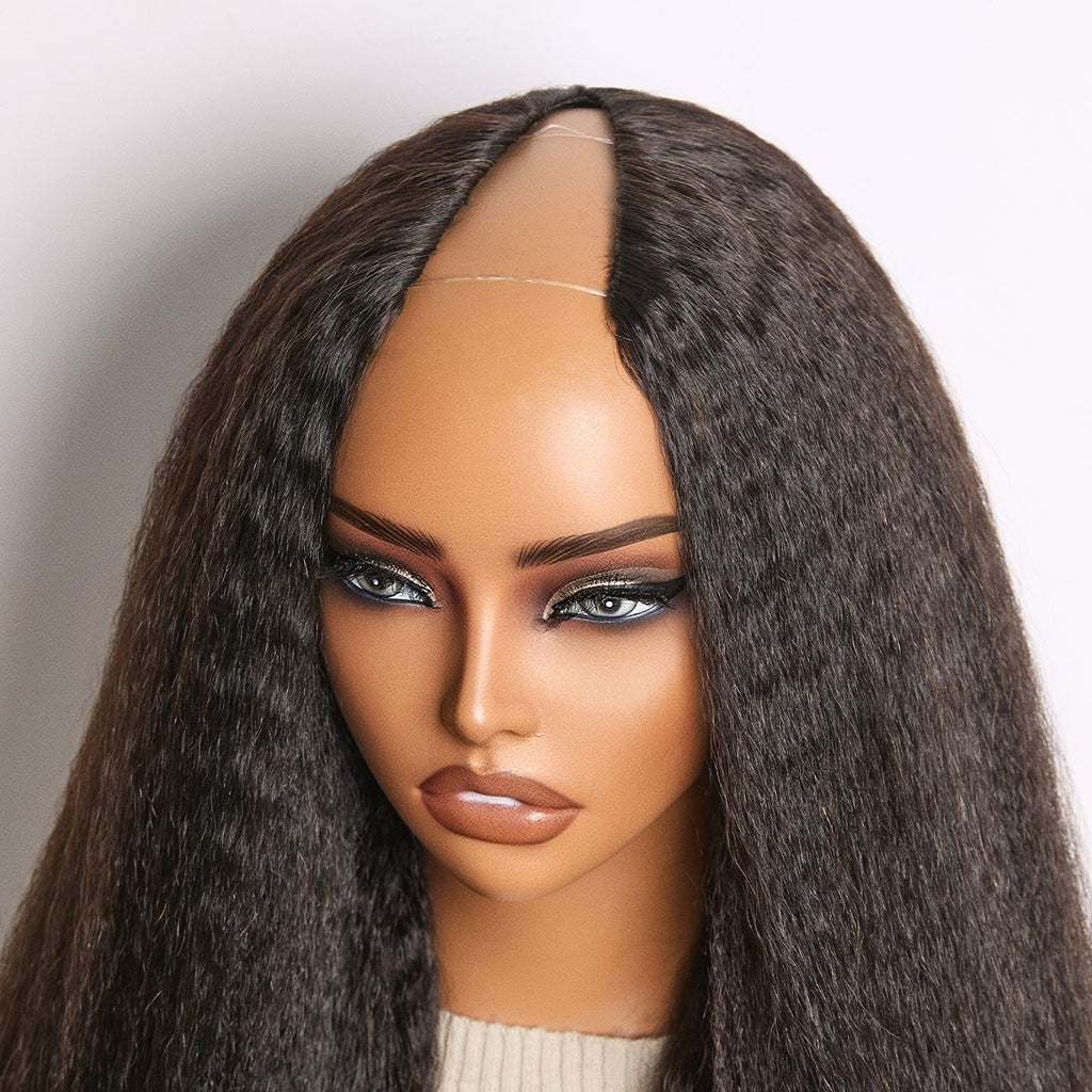 True Scalp Kinky Straight V Part Glueless Human Hair Wig Flexi-Fit Drawstring