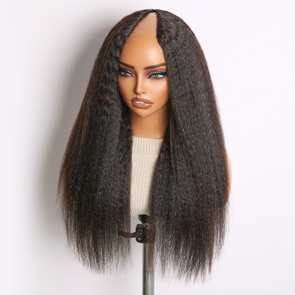True Scalp Kinky Straight V Part Glueless Human Hair Wig Flexi-Fit Drawstring