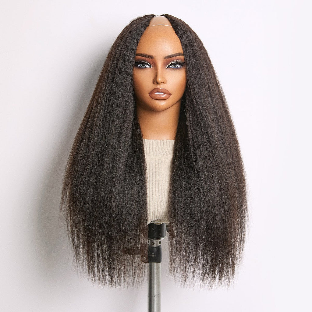 True Scalp Kinky Straight V Part Glueless Human Hair Wig Flexi-Fit Drawstring