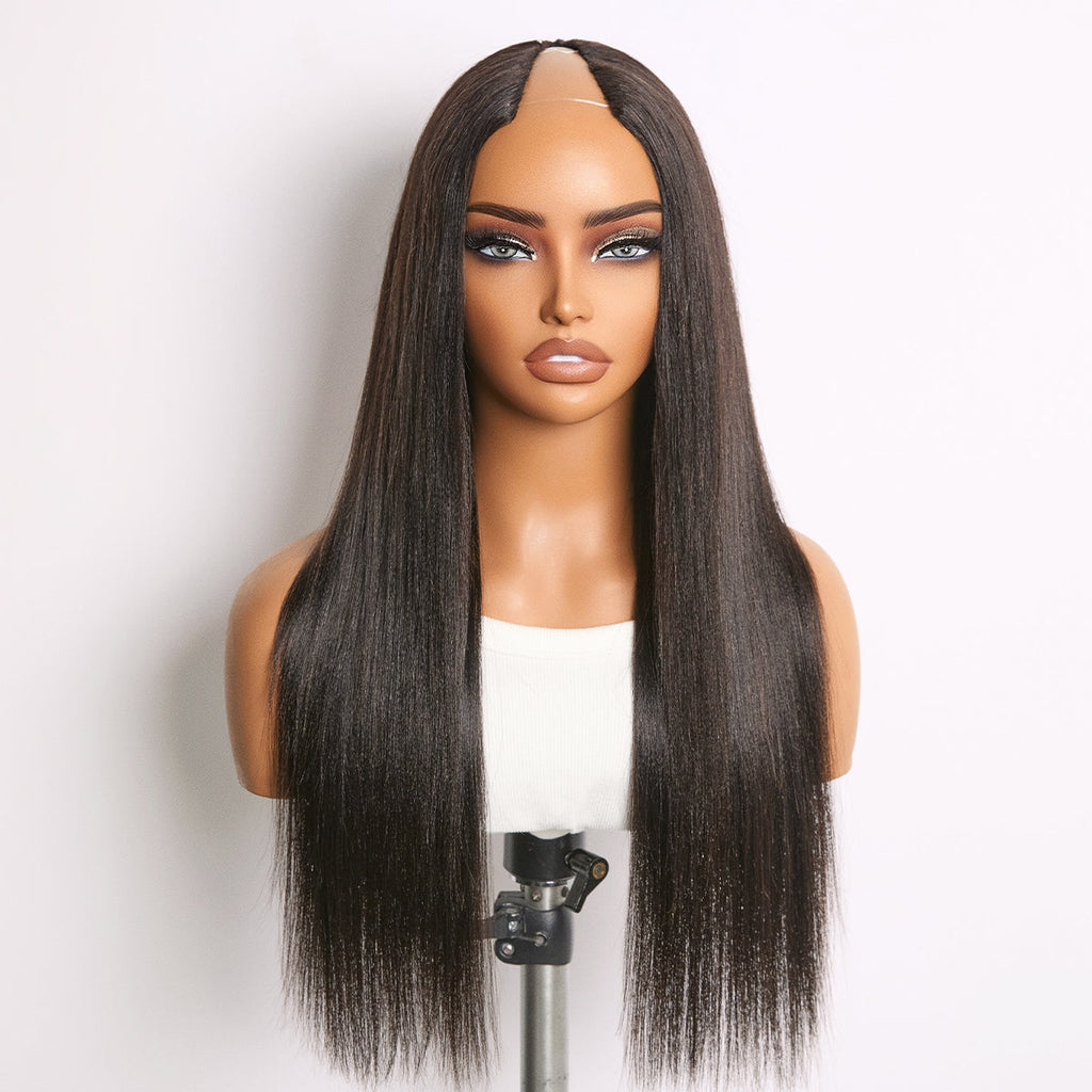True Scalp Yaki Straight / Kinky Straight V Part Glueless Human Hair Wig Flexi-Fit Drawstring