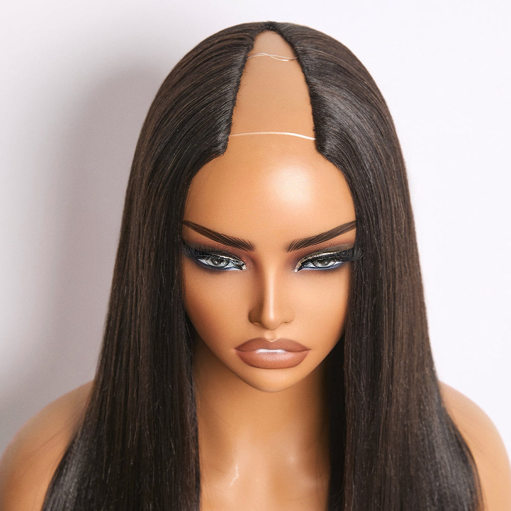 True Scalp Yaki Straight / Kinky Straight V Part Glueless Human Hair Wig Flexi-Fit Drawstring