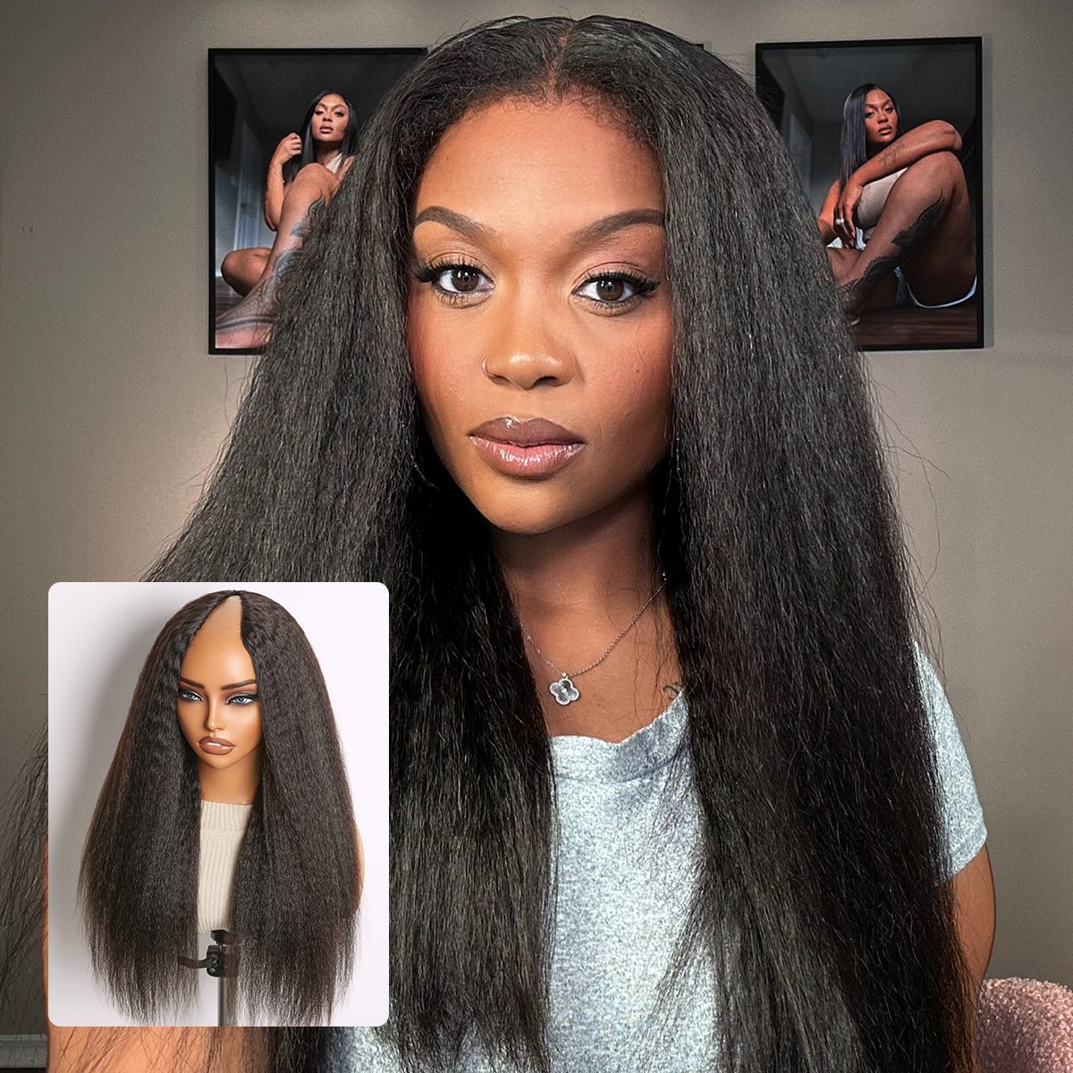 True Scalp Yaki Straight / Kinky Straight V Part Glueless Human Hair Wig Flexi-Fit Drawstring