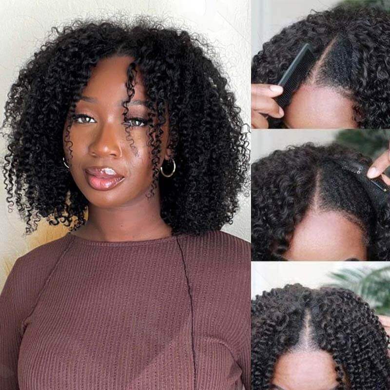 QVR Invisible Lace Edge Kinky Curly V Part Wigs Highlight #1B/27/613 No Leave Out Human Hair Wig