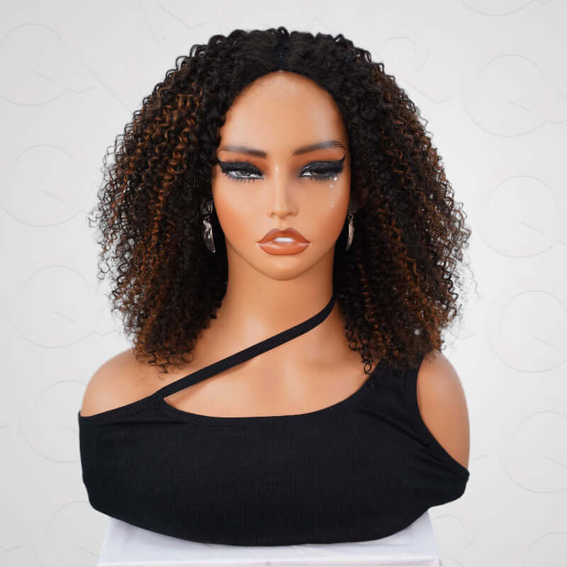 QVR Invisible Lace Edge Kinky Curly V Part Wigs Highlight #1B/33/30/613 No Leave Out Human Hair Wig