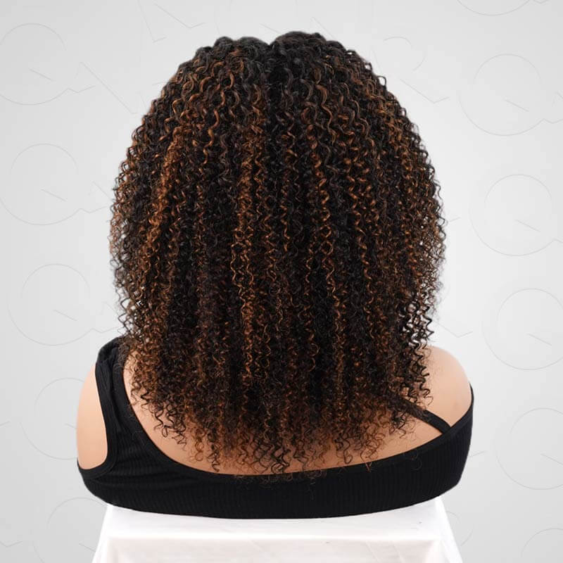 QVR Invisible Lace Edge Kinky Curly V Part Wigs Highlight #1B/27/613 No Leave Out Human Hair Wig