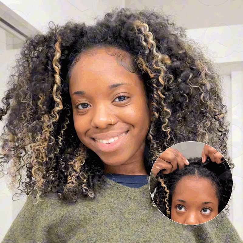 QVR Salt Pepper Kinky Curly V Part Wigs No Leave Out Invisible Lace Edge Human Hair Wig