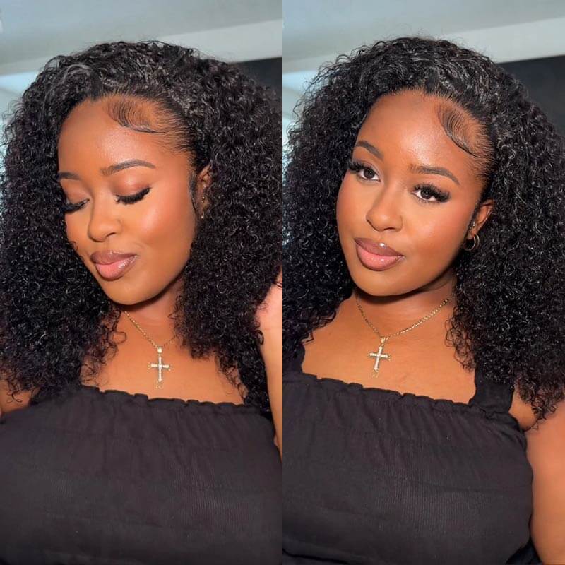 QVR Glueless Water Wave Half Wig 250% Density Human Hair Wig Natural Black Wear Go Flip Over Wig