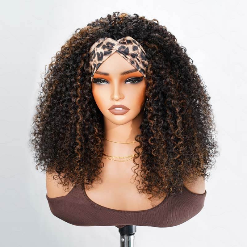 QVR Glueless Highlight Brown #1B/30 Twist Curly Half Wig 250% Density Human Hair Wig Wear Go Flip Over Wig