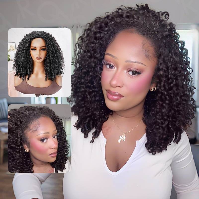 QVR Glueless Kinky Straight Half Wig With Spiral Curl 250% Density Human Hair Wig Natural Black Wear Go Flip Over Wig