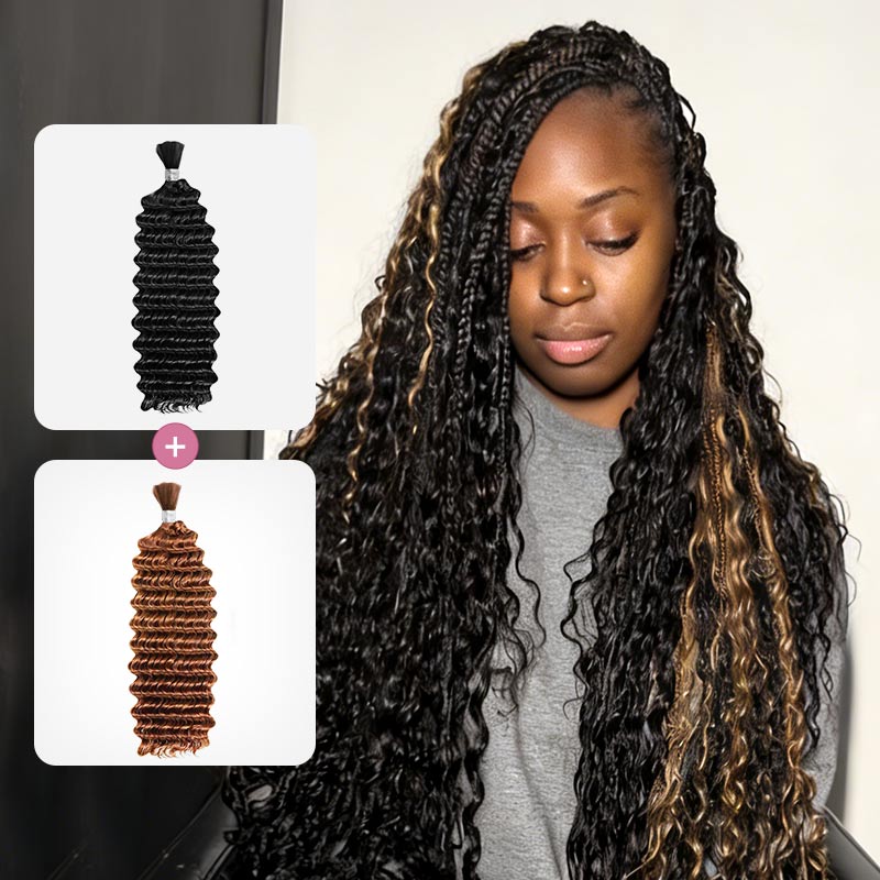 QVR Auburn Brown #30 Boho Knotless Braids Human Bulk Hair Deep Wave Human Braiding Hair Extensions