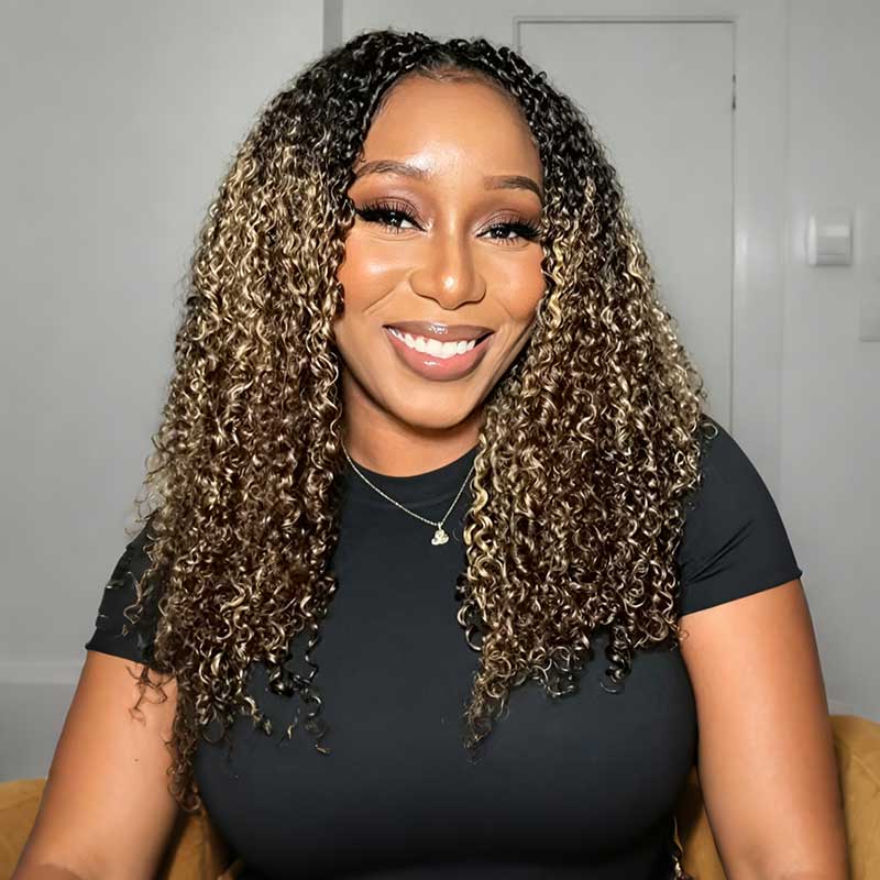 QVR Sun-Kissed Blonde Mixed Highlights Feather Crochet Human Hair Burmese Kinky Curly Miracle Knots Crochet Weave Hair Extensions