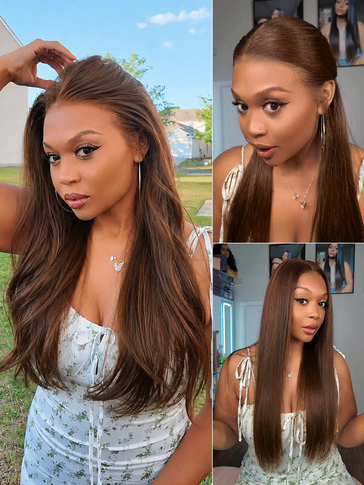 Rich Chocolate Brown Silky Straight 180% Density Glueless 13x4 Lace Frontal Wig Pre-Cut Lace