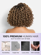 Ready to Go Blonde Highlight / Natural Black / Ombre Brown Water Wave Short Curly Bob Wig Glueless Minimalist HD Lace Wig Pre-Cut Lace