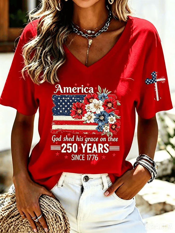 Women'S America Flower Print Printed T-Shirt