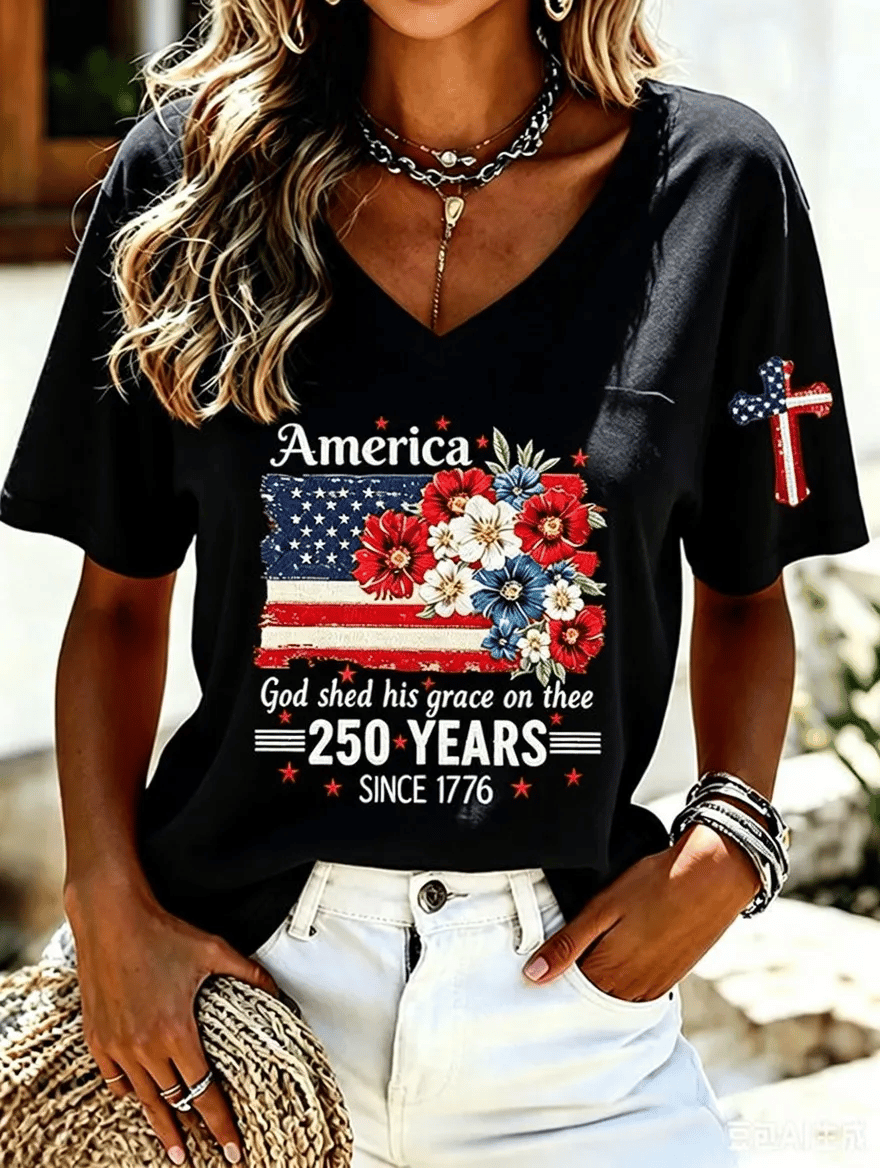 Women'S America Flower Print Printed T-Shirt