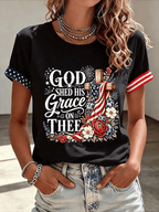 Women's Floral American Flag Printed Casual T-shirt