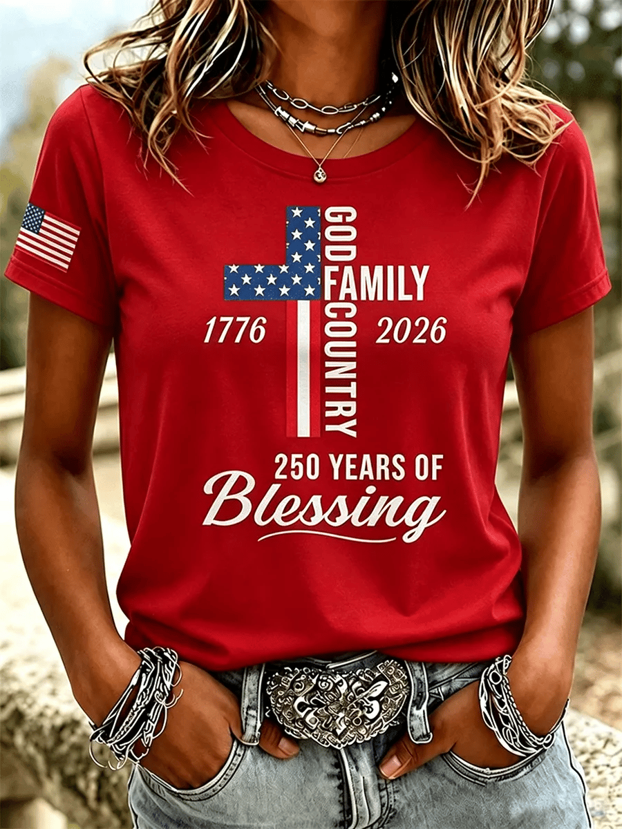 Women's God Family Country 1776-2026 Cross Flag Graphic Short Sleeve Tee