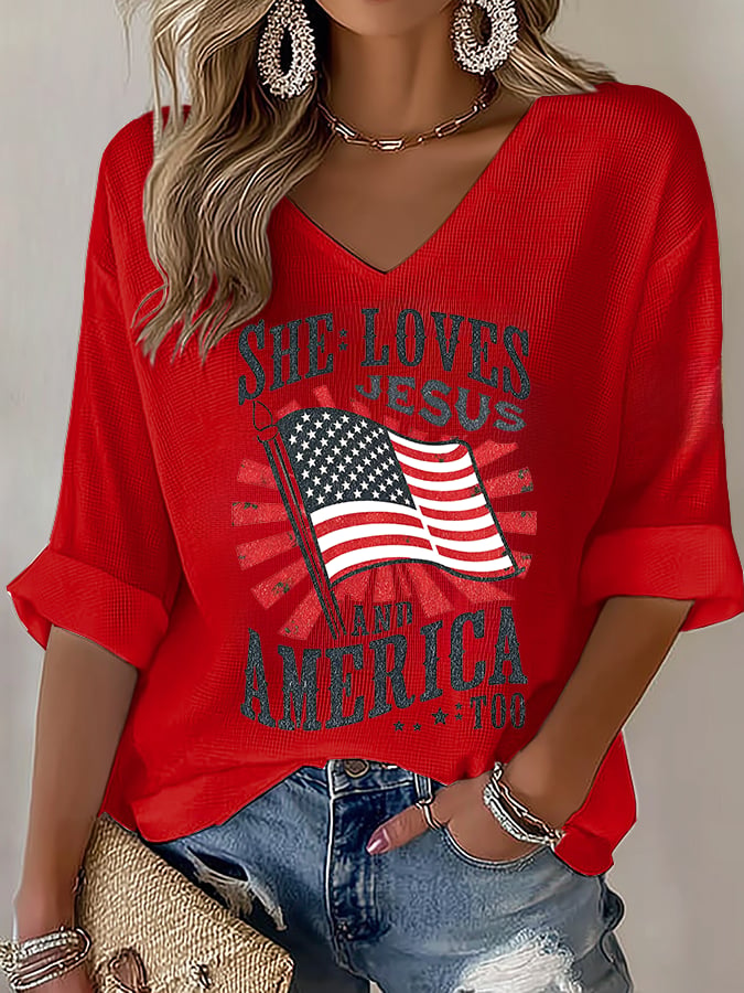 V-Neck She loves JESUS and AMERICA Printed T-Shirt