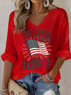 V-Neck She loves JESUS and AMERICA Printed T-Shirt