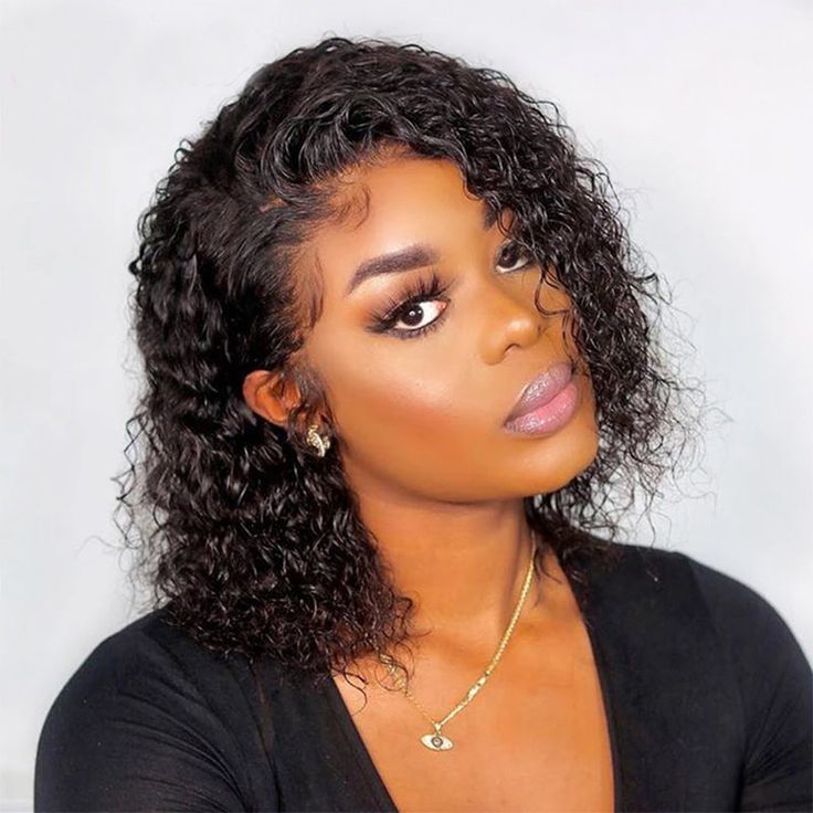 QVR Natural Black Side Part Water Wave Glueless T Part Lace Wigs Short Bob Wig
