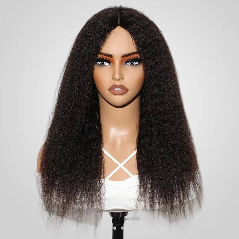QVR V Part Kinky Straight Protective Style Wigs No Lace No Gel Glueless Kinky Human Hair Wigs For Women