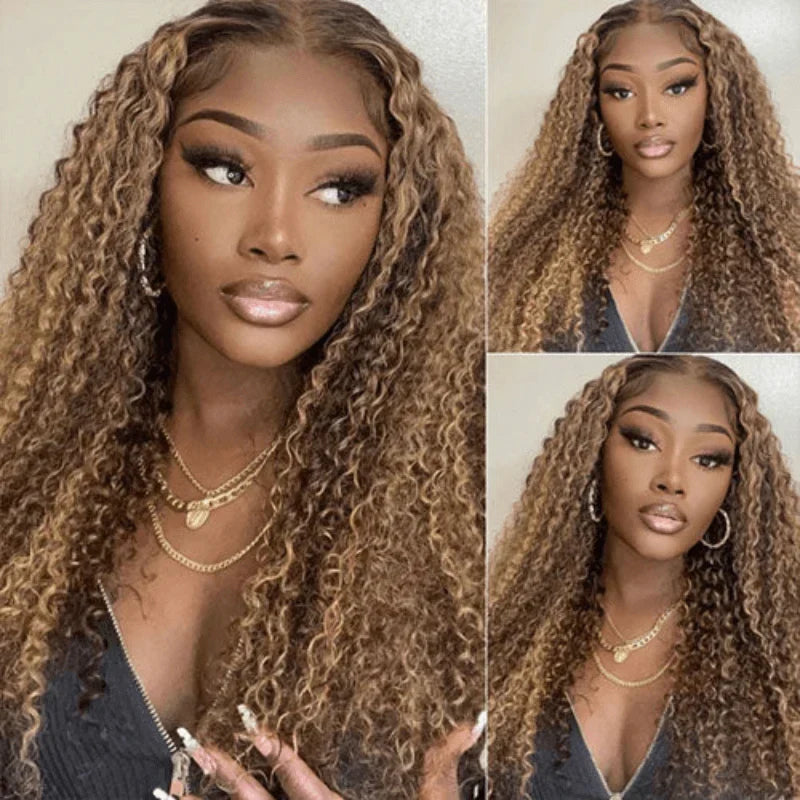 QVR Glueless Pre-cut 4x6 HD Lace Closure Human Hair Wigs Kinky Curly Piano Highlights Color Wear Go Wig