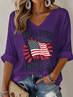 V-Neck She loves JESUS and AMERICA Printed T-Shirt