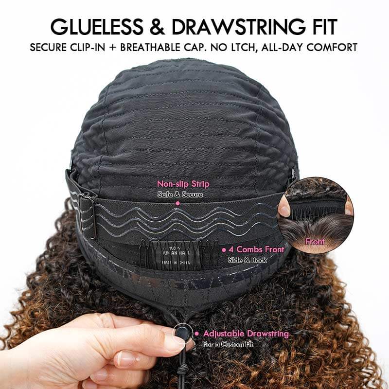 QVR Glueless Ombre Brown Twist Curly Half Wig with Black Roots 250% Density Human Hair Wig #T1B/30 Wear Go Flip Over Wig