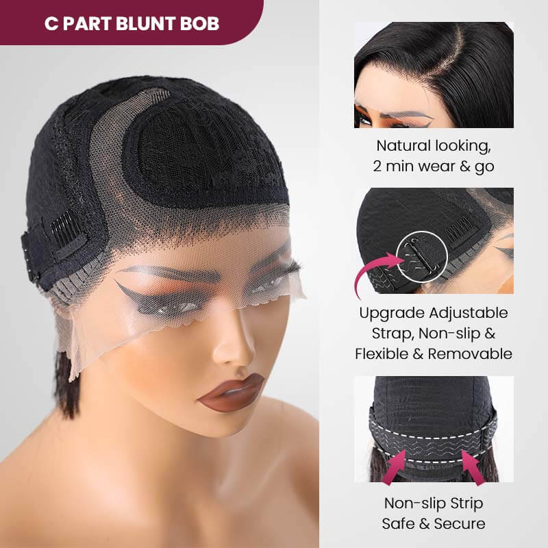 QVR Wear & Go Blunt Cut Straight Bob Minimalist HD Lace Glueless C Part Wig