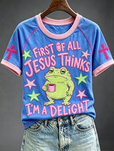 Women's First Of All Jesus Thinks I'm A Delight Funny Christian Frog Printed Casual Tops