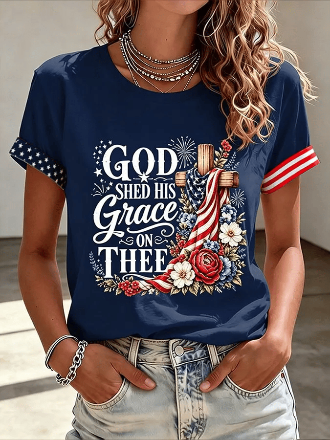 Women's Floral American Flag Printed Casual T-shirt